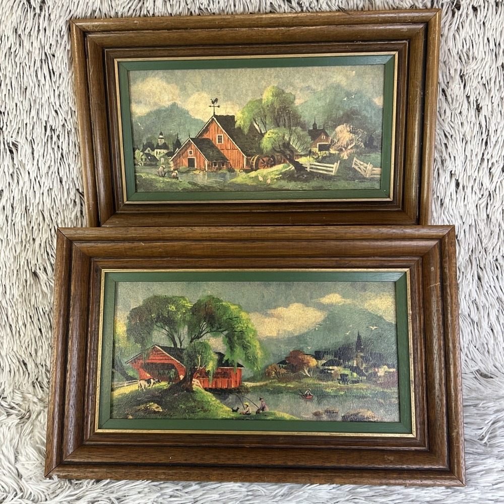 2 Vtg Frans‎ Van Lamsweerde Folk Art Print Red Barn Fishing Farming Country MCM